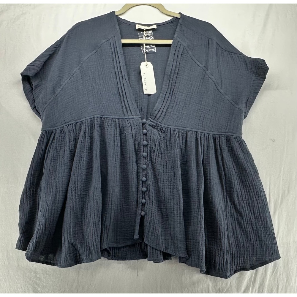 By Together Woven Cotton Gauze Plunged V-Neck Button Top Blue Gray L NEW